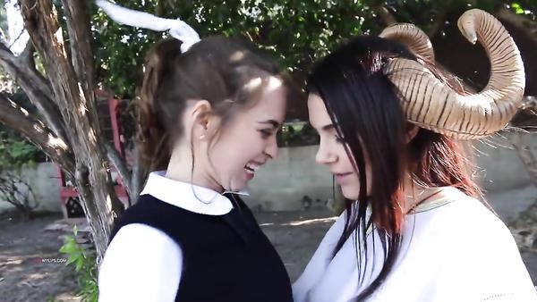 Cute college girl in a skirt is ready to make a deal with the devil