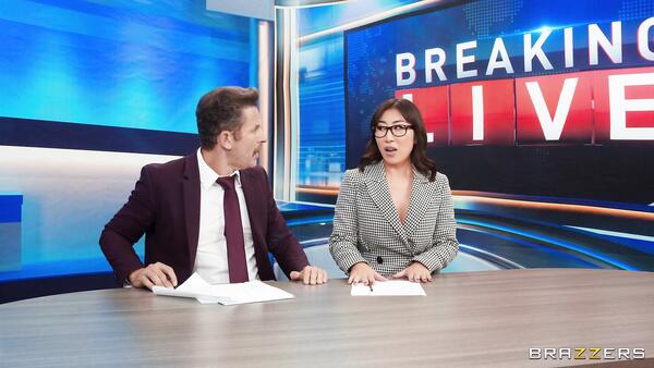 Breaking News! Our News Anchor Gets Fucked by Two Cocks
